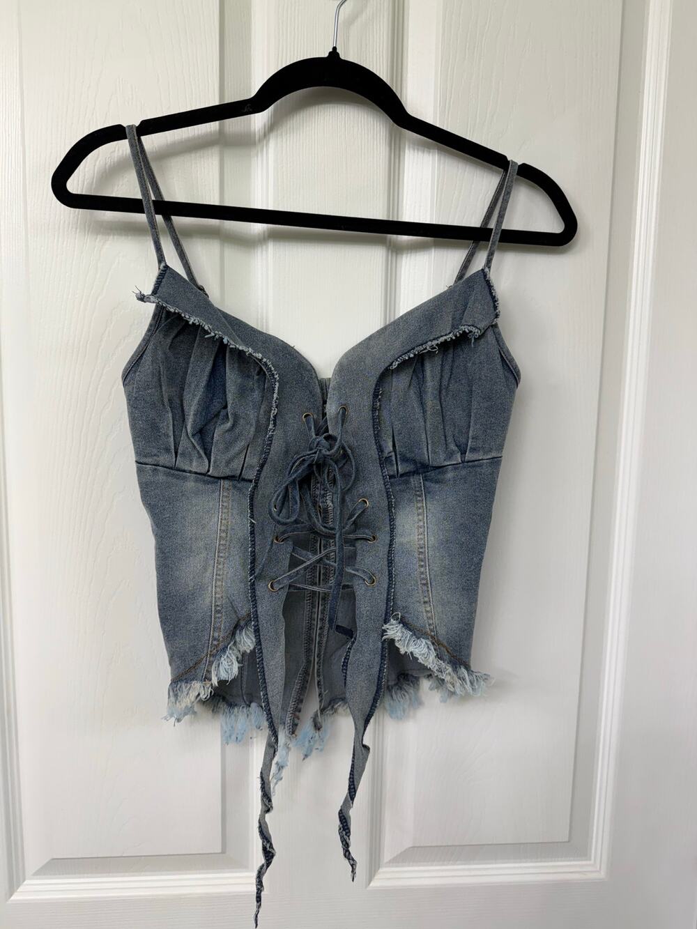 NWOT Denim Lace-Up Corset Cami Top Frayed Hem Blue Jean Bustier